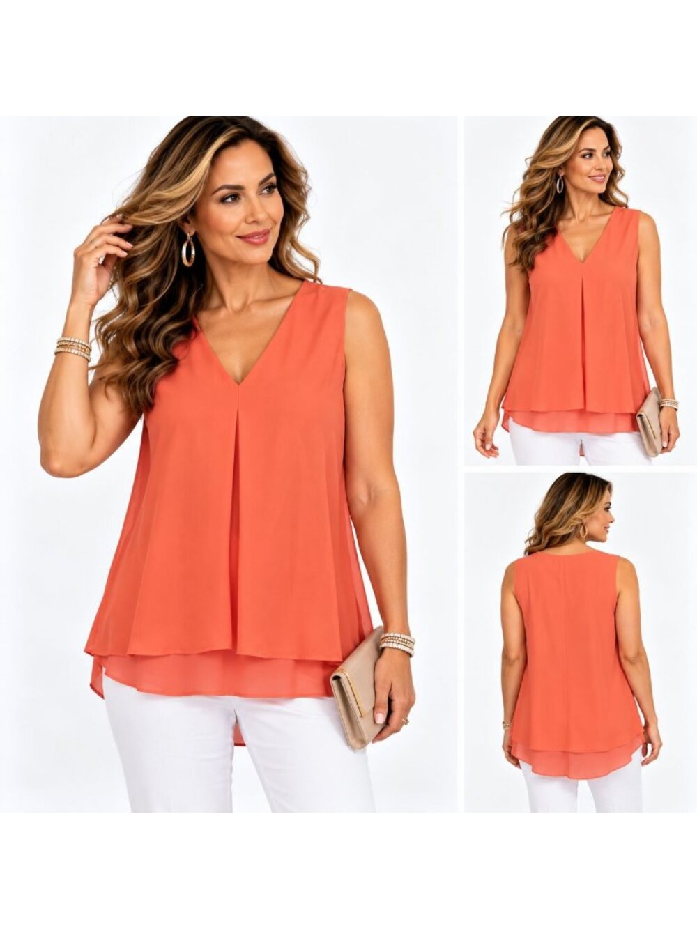 Fever Large Sleeveless Coral V-Neck Layered Blouse